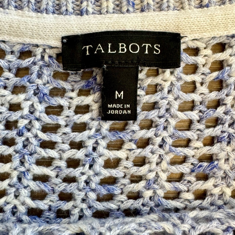 Talbots 100% Cotton Open Knit Chunky Blue White Ladies Sweater Size Medium EUC - Picture 7 of 9